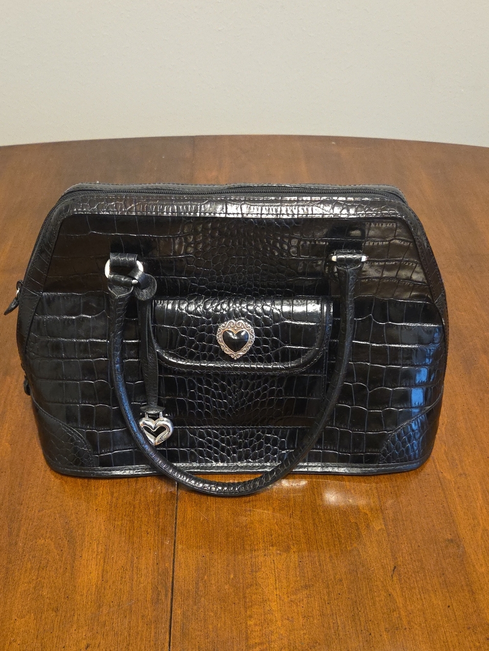 Brighton Black Croc-Embossed Satchel with Heart Accent